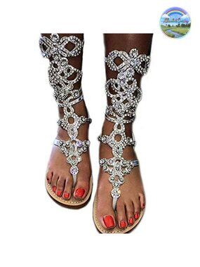 Rhinestone Gladiator Sandals Women Flat PU Slip Resistant Summer Wedding Beach